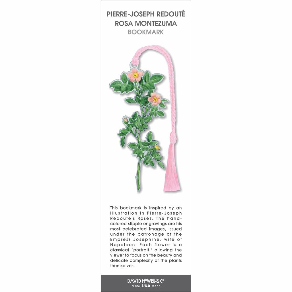 Rosa Montezuma bookmark inspired by Pierre-Joseph Redouté, featuring a botanical illustration of a flowering rose stem with pink blossoms and green leaves, paired with a pink tassel.