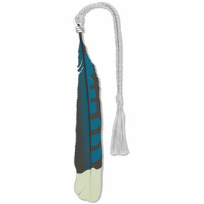 Blue Jay Feather Metal Bookmark featuring a detailed illustration of a blue jay feather, symbolizing the bird’s bold and intelligent nature, with vibrant blue and black patterning inspired by the blue jay’s distinctive plumage for a national park, nature, bird lover gift.
