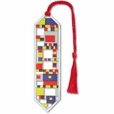 A silver metal bookmark with a geometric pattern in the style of Mondrian's Boogie Woogie art, attached to a red tassel.