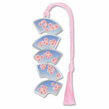 A decorative bookmark featuring a series of folding fans with flowering cherry blossom designs, connected by a pink braided tassel for a museum-quality cherry blossom season gift, readers, and art gift.