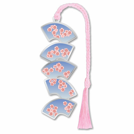 A decorative bookmark featuring a series of folding fans with flowering cherry blossom designs, connected by a pink braided tassel for a museum-quality cherry blossom season gift, readers, and art gift.