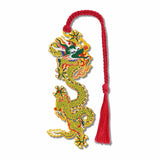 Metal bookmark featuring a detailed yellow and green dragon design, traditional Chinese imperial five-clawed dragon design, symbolizing imperial authority, protection from evil, and prosperity, rendered with intricate detailing inspired by Ming dynasty artistry finished with a red braided tassel for mystical collectors, book lovers and gifts.