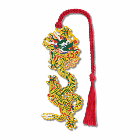 Metal bookmark featuring a detailed yellow and green dragon design, traditional Chinese imperial five-clawed dragon design, symbolizing imperial authority, protection from evil, and prosperity, rendered with intricate detailing inspired by Ming dynasty artistry finished with a red braided tassel for mystical collectors, book lovers and gifts.