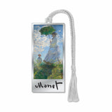 Claude Monet Metal bookmark featuring Claude Monet’s Woman With a Parasol, depicting Camille Monet and her son Jean on a breezy hillside, rendered in luminous Impressionist brushstrokes celebrating natural light, movement, and color with silver braided tassel for book lovers, art enthusiasts and gifts.