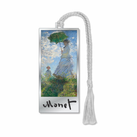 Claude Monet Metal bookmark featuring Claude Monet’s Woman With a Parasol, depicting Camille Monet and her son Jean on a breezy hillside, rendered in luminous Impressionist brushstrokes celebrating natural light, movement, and color with silver braided tassel for book lovers, art enthusiasts and gifts.