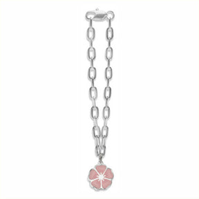 silver link bracelet with cherry blossom pendant on white background