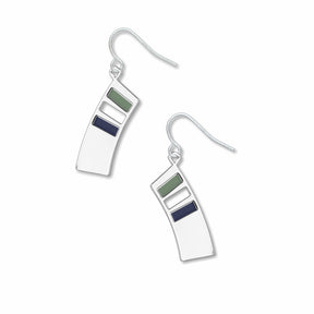 The Colors of Music curved silver drop earrings with green and navy geometric enamel accents inspired by Kandinsky’s abstract paintings