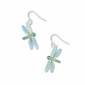 Dragonfly earrings: green and blue dragonfly drop earrings on a white background