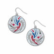 Spin Art drop earrings featuring circular discs with abstract swirls of red, blue, and gray, creating a bold, fluid design inspired by motion and modern art.