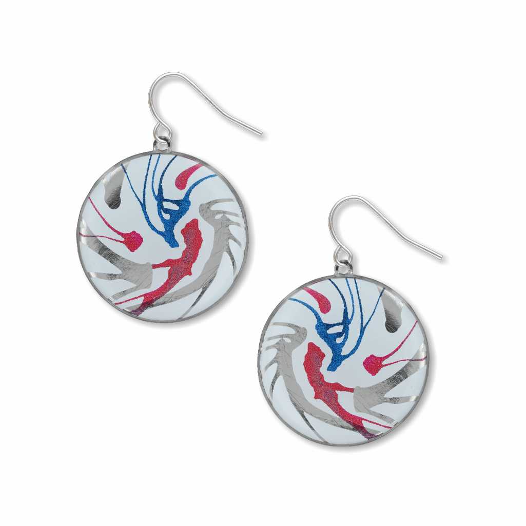 Spin Art drop earrings featuring circular discs with abstract swirls of red, blue, and gray, creating a bold, fluid design inspired by motion and modern art.