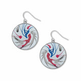 Spin Art drop earrings featuring circular discs with abstract swirls of red, blue, and gray, creating a bold, fluid design inspired by motion and modern art.