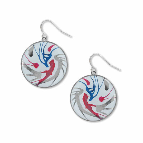 Spin Art drop earrings featuring circular discs with abstract swirls of red, blue, and gray, creating a bold, fluid design inspired by motion and modern art.