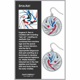 Spin Art drop earrings featuring a circular design with abstract swirls of red, blue, and gray, inspired by dynamic spin painting and modern art movement.