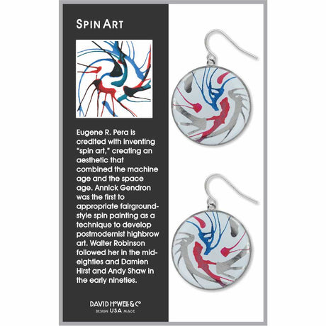 Spin Art drop earrings featuring a circular design with abstract swirls of red, blue, and gray, inspired by dynamic spin painting and modern art movement.