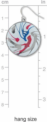 Spin Art drop earring shown with size scale, featuring a circular design with abstract red, blue, and gray swirls to indicate approximate hanging length.