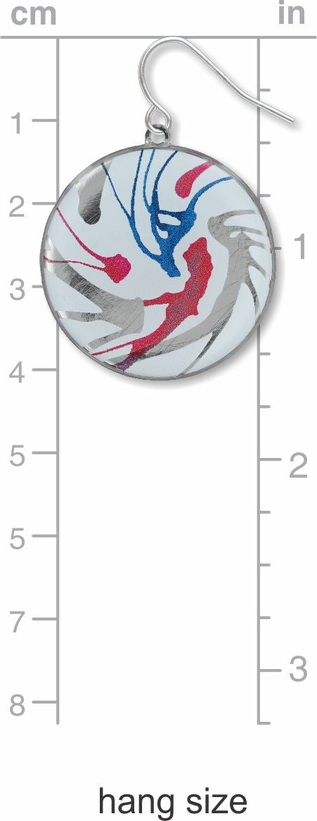 Spin Art drop earring shown with size scale, featuring a circular design with abstract red, blue, and gray swirls to indicate approximate hanging length.