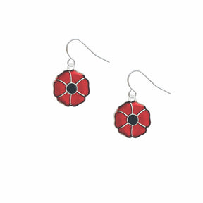Red Poppy enamel dangle earrings featuring vibrant red flower petals with black center details and silver-tone hooks.