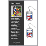 Goldfish earrings inspired by Matisse and Lichtenstein, featuring red fish inside a cylindrical bowl design with blue enamel accents and silver hooks.