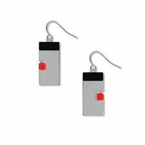 Pair of balance earrings featuring geometric silver rectangles with black tops and red accent blocks, finished with hook backings.