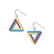 Deception earrings: pair of pink, yellow, and blue impossible triangle drop earrings on a white background.