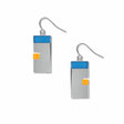Pair of poise earrings featuring geometric silver rectangles with blue top bars and yellow accent blocks, finished with hook backings.