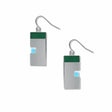 Harmony geometric drop earrings featuring a sleek silver rectangular form with a deep green top bar and a soft blue accent, creating a clean, modern abstract design.