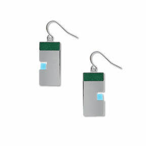 Harmony geometric drop earrings featuring a sleek silver rectangular form with a deep green top bar and a soft blue accent, creating a clean, modern abstract design.
