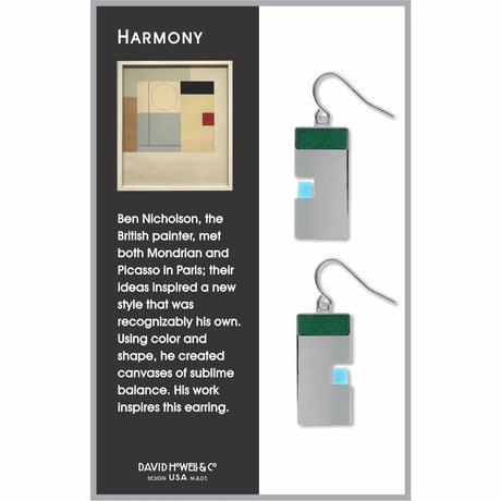 ben nicholson harmony rectangular earrings with green blue and silver detail on info card
