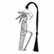 Metal bookmark featuring Edward Gorey’s The Osbick Bird with bird-headed figure holding a cane and black braided tassel artwork in his iconic black-and-white illustration style, highlighting his dark humor, intricate Victorian-inspired detail, and whimsical literary aesthetic for collectors, book lovers and gifts.