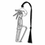 Metal bookmark featuring Edward Gorey’s The Osbick Bird with bird-headed figure holding a cane and black braided tassel artwork in his iconic black-and-white illustration style, highlighting his dark humor, intricate Victorian-inspired detail, and whimsical literary aesthetic for collectors, book lovers and gifts.