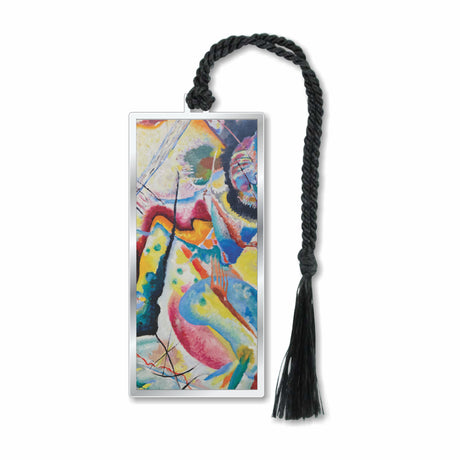 A metal bookmark with silver finish featuring a Kandinsky abstract painting with a red stain, attached to a black braided tassel.