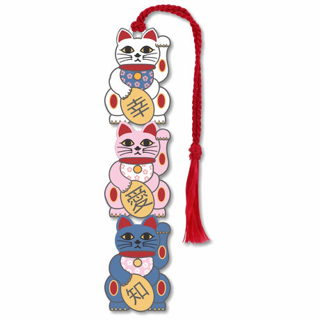 Metal bookmark featuring a Maneki-neko with a series of colorful cat figures, (beckoning cat) inspired design holding a koban coin, symbolizing good luck and fortune in Japanese culture, with traditional Edo-period motifs with red braided tassel.