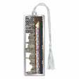 A metal bookmark featuring a detailed architecture of the Manhattan skyline and train, with silver braided tassel for  museum-quality gift for art lovers, train enthusiasts, museum goers and readers.