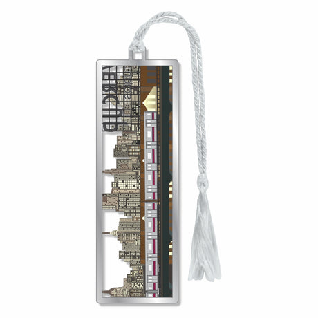 A metal bookmark featuring a detailed architecture of the Manhattan skyline and train, with silver braided tassel for  museum-quality gift for art lovers, train enthusiasts, museum goers and readers.
