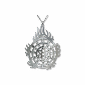 Halo of Flames Necklace featuring a circular silver pendant with flame-like edges, layered geometric cutouts, and crystal accents suspended from a silver chain.