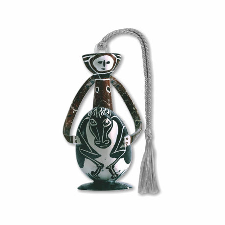 A silver metal Picasso bookmark featuring an artistic depiction of a figure with a horse's head, characteristic of Cubist or abstract art style, with a grey tassel.