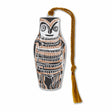 A silver metal bookmark in the shape of an owl with geometric patterns, featuring a silver finish with black and brown details, and a brown tassel.