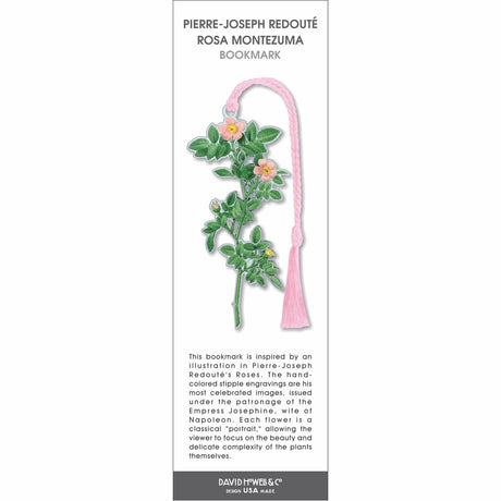 Rosa Montezuma metal bookmark inspired by Pierre-Joseph Redouté, featuring a botanical illustration of a flowering rose stem with pink blossoms and green leaves, paired with a pink tassel.