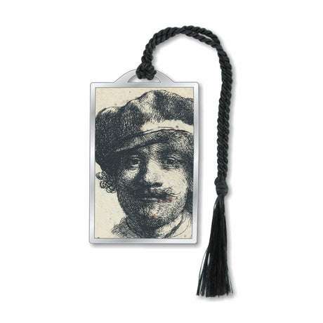 A silver metal bookmark featuring a black and white print of Rembrandt's self-portrait, with a silver finish and a black tassel.