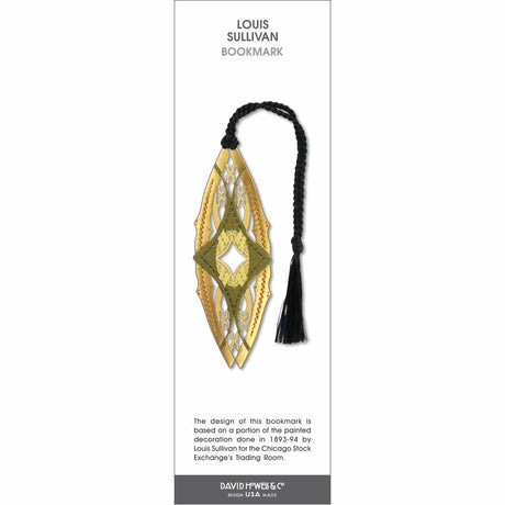 Louis Sullivan bookmark featuring an Art Deco geometric design in gold tones, with a black braided tassel.