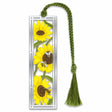 Metal bookmark featuring vibrant sunflower artwork inspired by Helianthus annuus with a green braided tassel, celebrating pollinator-friendly blooms known to support bee health and immunity.