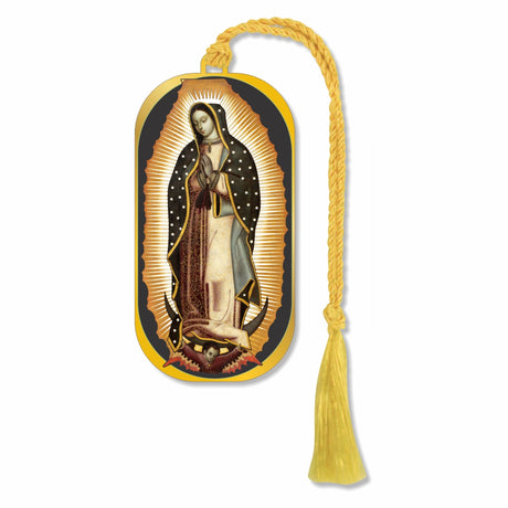 Metal bookmark featuring The Virgin of Guadalupe with detailed religious artwork inspired by the 1531 apparition to Juan Diego on Tepeyac Hill, symbolizing faith, devotion, and Mexican Catholic heritage with braided tassel for religious gifts, collector item and book lover.
