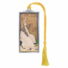 Visconti-Sforza Tarot Card Queen of Swords bookmark with a detailed queen illustration, silver-tone frame, and yellow tassel.