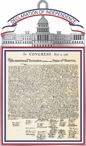 America 250 Declaration of Independence ornament featuring a detailed replica of the historic document beneath a gray Capitol building design and a patriotic banner reading “Declaration of Independence.”