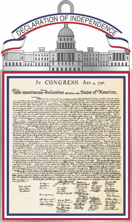 America 250 Declaration of Independence ornament featuring a detailed replica of the historic document beneath a gray Capitol building design and a patriotic banner reading “Declaration of Independence.”