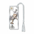 Metal bookmark featuring Edward Gorey’s “CAT-E-GOREY” with striped cat balancing on a unicycle illustration in his signature black-and-white style, combining dark humor, intricate detail, and whimsical feline imagery inspired by his classic literary artwork with gray tassel for collectors, book lovers or a gift.