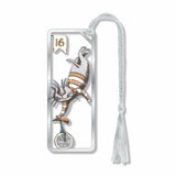 Metal bookmark featuring Edward Gorey’s “CAT-E-GOREY” with striped cat balancing on a unicycle illustration in his signature black-and-white style, combining dark humor, intricate detail, and whimsical feline imagery inspired by his classic literary artwork with gray tassel for collectors, book lovers or a gift.