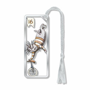 Metal bookmark featuring Edward Gorey’s “CAT-E-GOREY” with striped cat balancing on a unicycle illustration in his signature black-and-white style, combining dark humor, intricate detail, and whimsical feline imagery inspired by his classic literary artwork with gray tassel for collectors, book lovers or a gift.