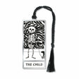Metal bookmark featuring Edward Gorey’s “The Child” with skeleton illustration and black braided tassel artwork in his iconic black-and-white illustration style, highlighting his dark humor, intricate Victorian-inspired detail, and whimsical literary aesthetic for collectors, book lovers and gifts.