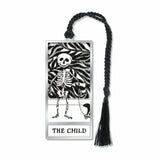 Metal bookmark featuring Edward Gorey’s “The Child” with skeleton illustration and black braided tassel artwork in his iconic black-and-white illustration style, highlighting his dark humor, intricate Victorian-inspired detail, and whimsical literary aesthetic for collectors, book lovers and gifts.